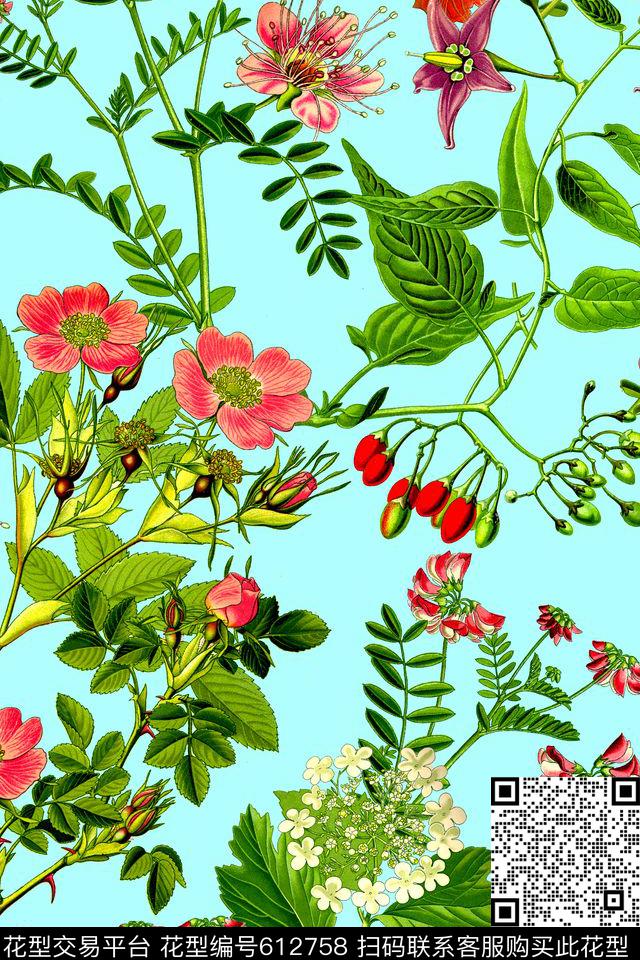 时尚手绘花卉数码印花华亿平台下载（图片编号: 612758） - 瓦栏（Walan）