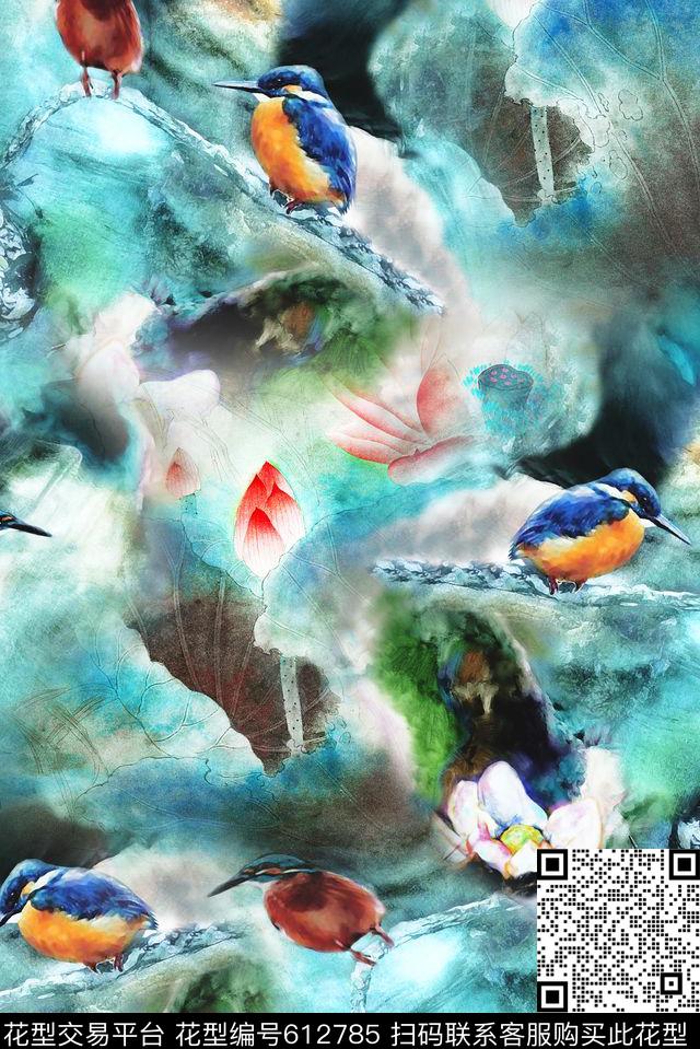 抽象荷花水墨数码印花华亿平台下载（图片编号: 612785） - 瓦栏（Walan）