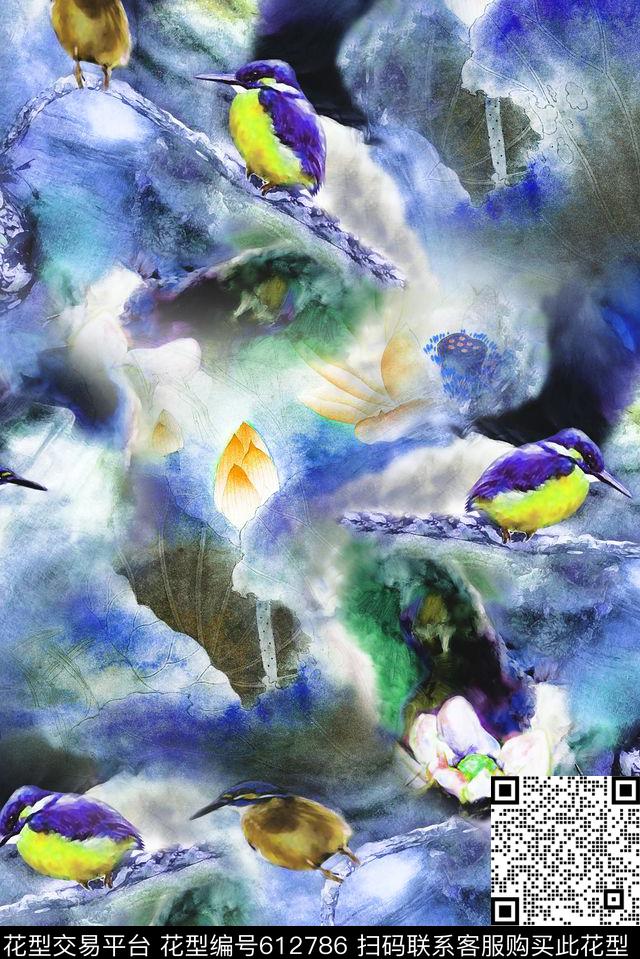抽象荷花水墨数码印花华亿平台下载（图片编号: 612786） - 瓦栏（Walan）