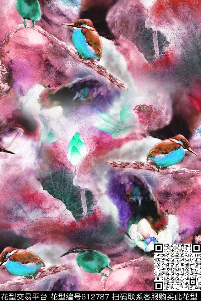 抽象荷花水墨数码印花华亿平台下载（图片编号: 612787） - 瓦栏（Walan）