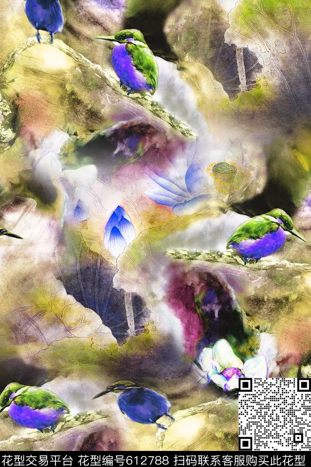 抽象荷花水墨数码印花华亿平台下载（图片编号: 612788） - 瓦栏（Walan）