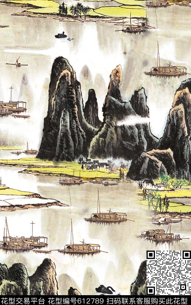 国画中国风山水数码印花华亿平台下载（图片编号: 612789） - 瓦栏（Walan）
