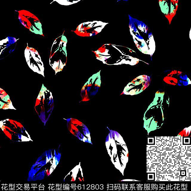 叶子大黑底小碎花数码印花华亿平台下载（图片编号: 612803） - 瓦栏（Walan）