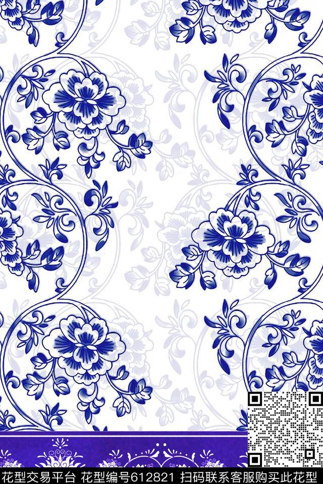 中国风青花瓷花卉中国民族花纹女装印花数码印花华亿平台下载（图片编号: 612821） - 瓦栏（Walan）