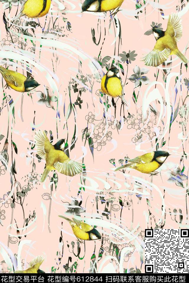 水墨水彩花鸟数码印花华亿平台下载（图片编号: 612844） - 瓦栏（Walan）