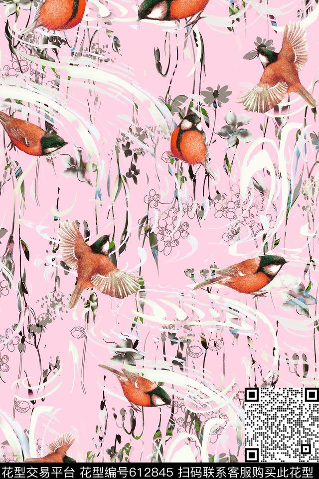水墨水彩花鸟数码印花华亿平台下载（图片编号: 612845） - 瓦栏（Walan）