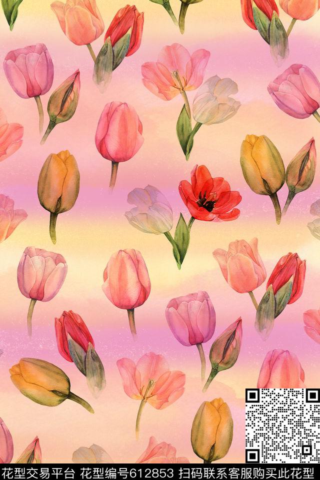 手绘复古郁金香数码印花华亿平台下载（图片编号: 612853） - 瓦栏（Walan）