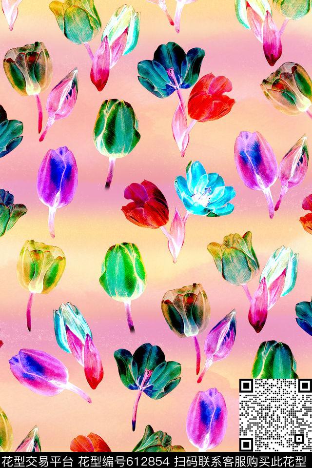 手绘复古郁金香数码印花华亿平台下载（图片编号: 612854） - 瓦栏（Walan）