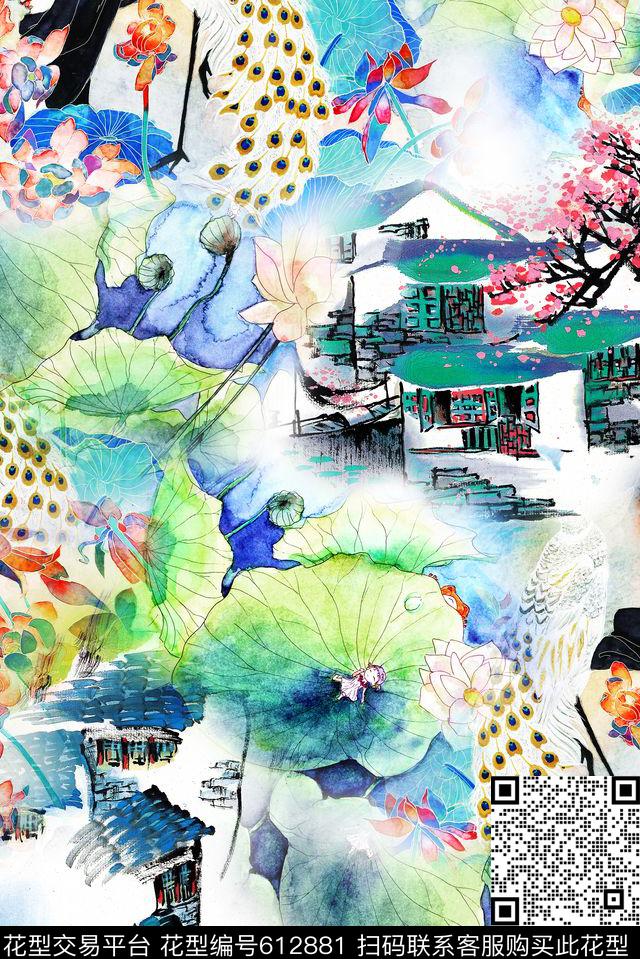 水墨水彩荷花数码印花华亿平台下载（图片编号: 612881） - 瓦栏（Walan）
