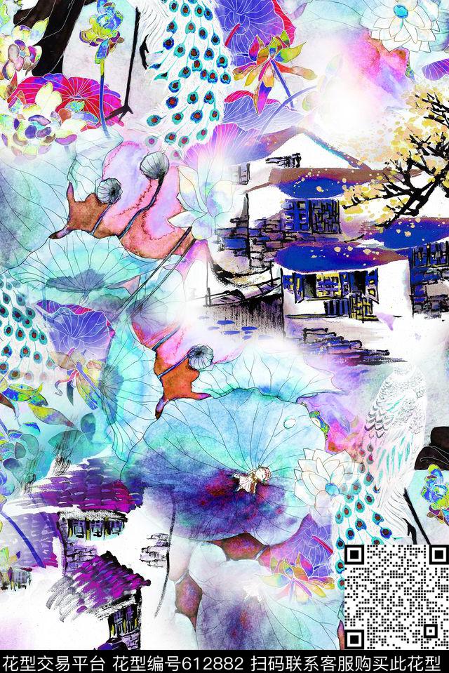 水墨水彩荷花数码印花华亿平台下载（图片编号: 612882） - 瓦栏（Walan）