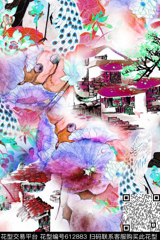水墨水彩荷花数码印花华亿平台下载（图片编号: 612883） - 瓦栏（Walan）