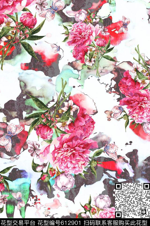 时尚泼墨水彩康乃馨数码印花华亿平台下载（图片编号: 612901） - 瓦栏（Walan）