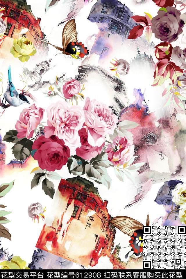 水彩建筑花卉数码印花华亿平台下载（图片编号: 612908） - 瓦栏（Walan）