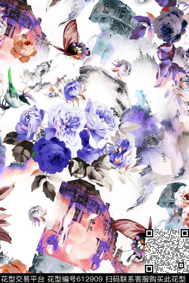 水彩建筑花卉数码印花华亿平台下载（图片编号: 612909） - 瓦栏（Walan）