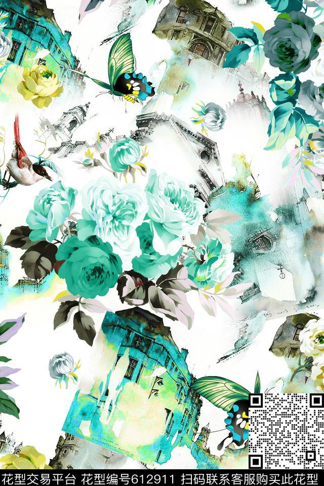 水彩建筑花卉数码印花华亿平台下载（图片编号: 612911） - 瓦栏（Walan）