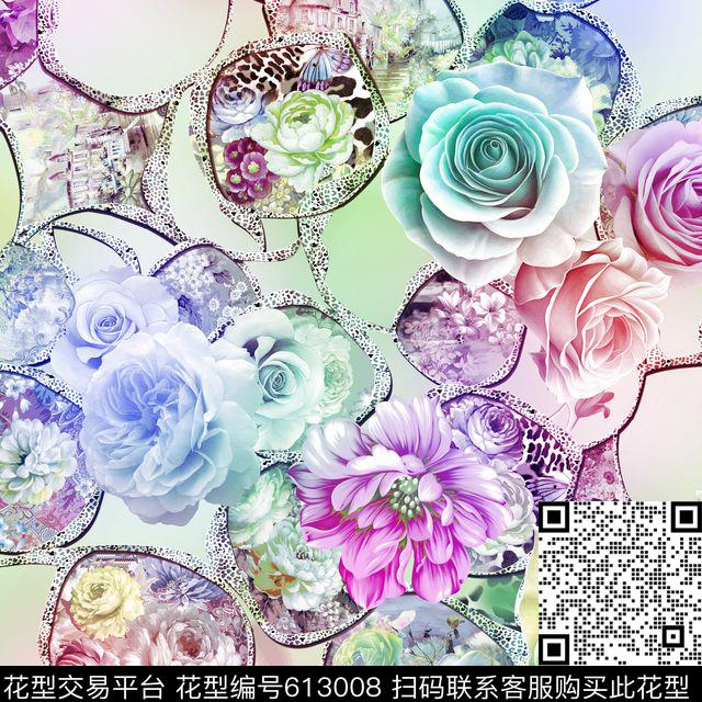 手绘花卉定位花数码印花华亿平台下载（图片编号: 613008） - 瓦栏（Walan）