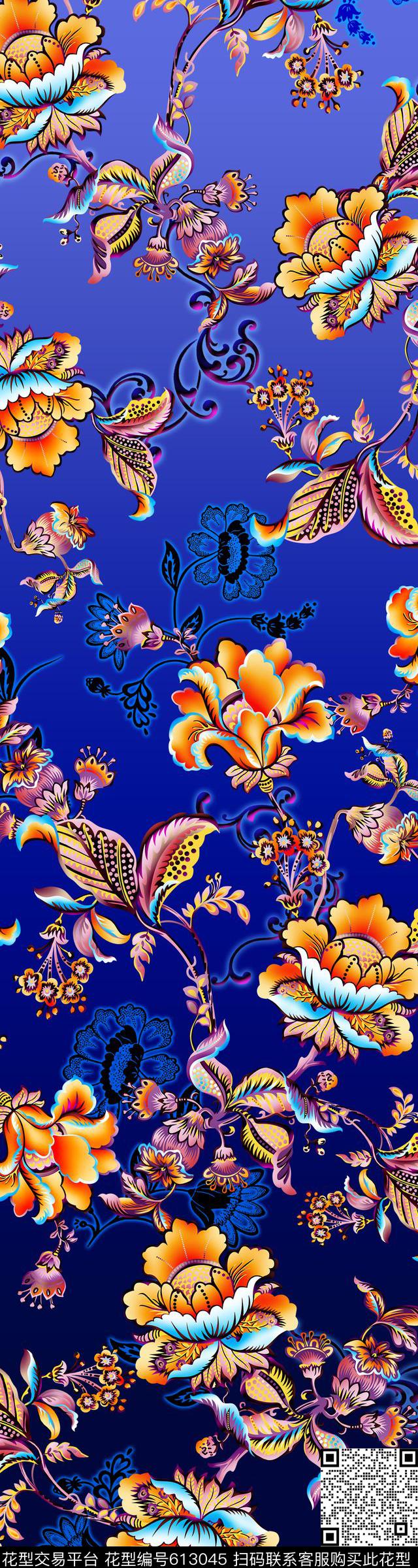 东南亚彩色渐变抽象手绘花数码印花华亿平台下载（图片编号: 613045） - 瓦栏（Walan）