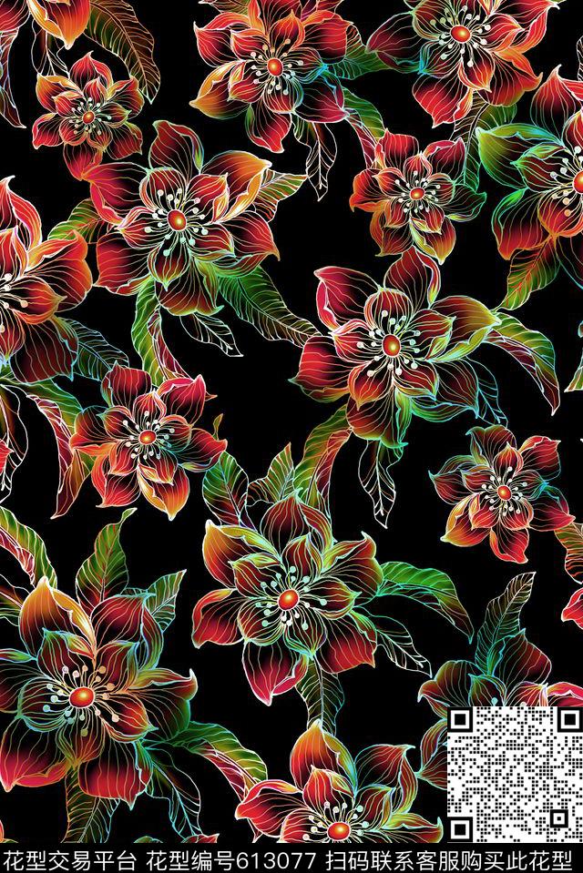 东南亚彩色渐变抽象手绘花数码印花华亿平台下载（图片编号: 613077） - 瓦栏（Walan）