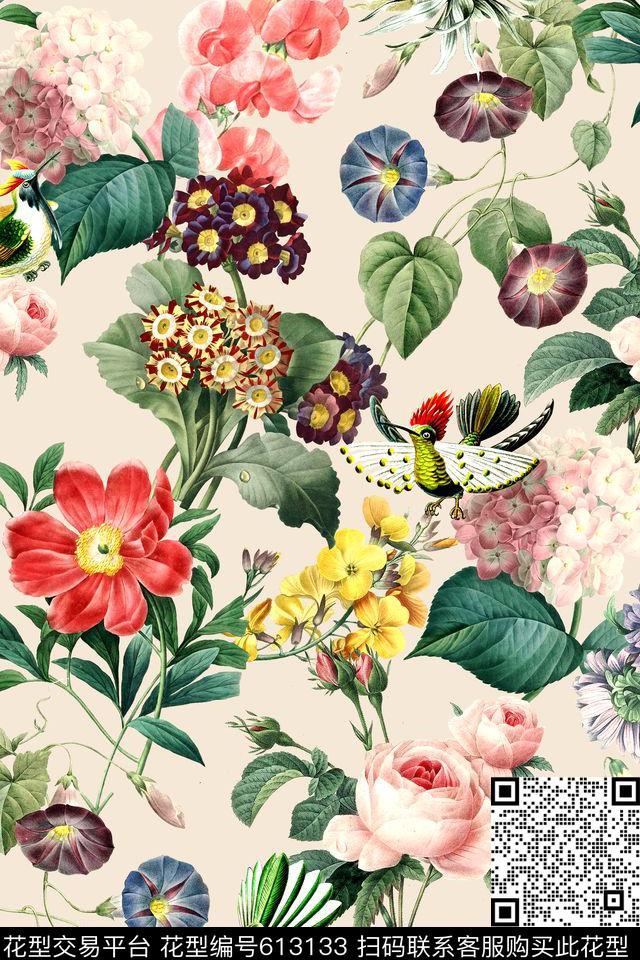 时尚手绘花卉数码印花华亿平台下载（图片编号: 613133） - 瓦栏（Walan）