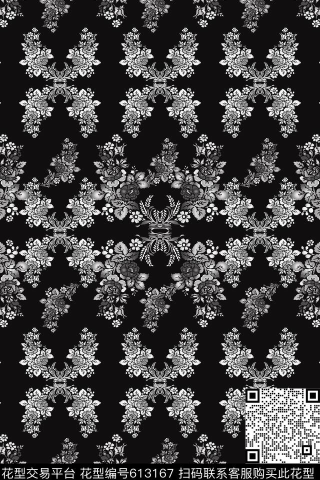 花卉花朵黑白红灰世界数码印花华亿平台下载（图片编号: 613167） - 瓦栏（Walan）