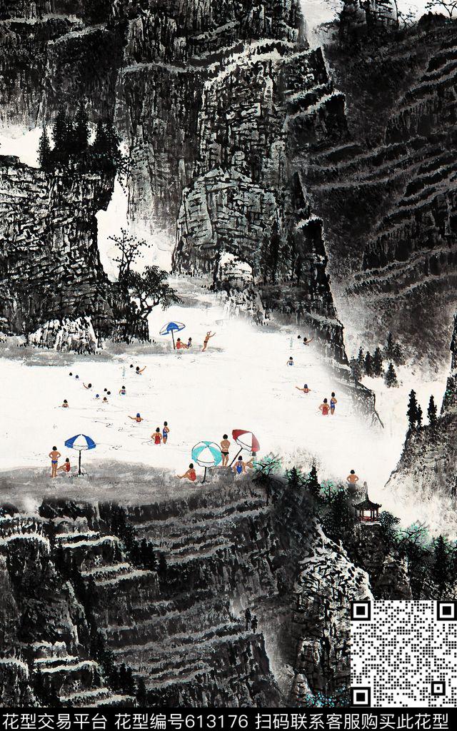 中国风山水河流数码印花华亿平台下载（图片编号: 613176） - 瓦栏（Walan）
