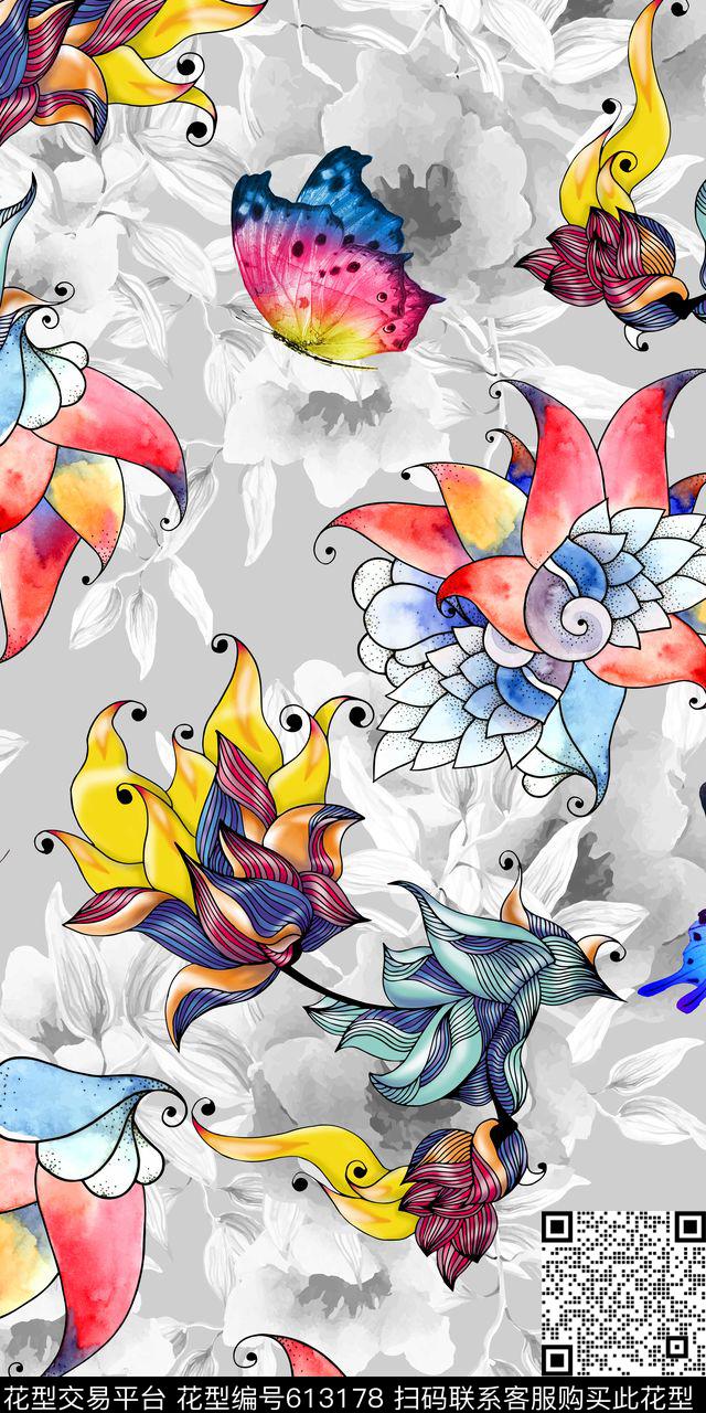 花卉黑白几何数码印花华亿平台下载（图片编号: 613178） - 瓦栏（Walan）