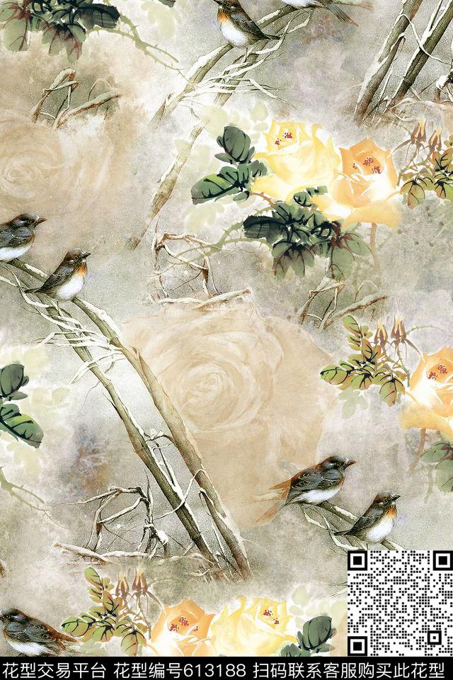 手绘玫瑰肌理数码印花华亿平台下载（图片编号: 613188） - 瓦栏（Walan）