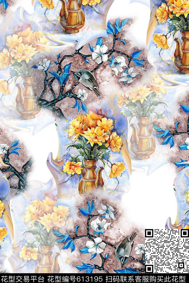 时尚手绘女装裙子印花手绘花卉花瓶手绘油画数码印花华亿平台下载（图片编号: 613195） - 瓦栏（Walan）