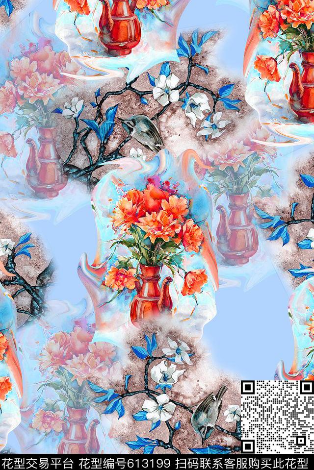 时尚手绘女装裙子印花手绘花卉花瓶手绘油画数码印花华亿平台下载（图片编号: 613199） - 瓦栏（Walan）