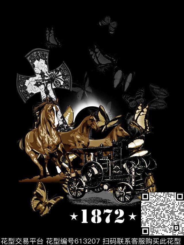 复古马车蝴蝶男装T恤数码印花华亿平台下载（图片编号: 613207） - 瓦栏（Walan）