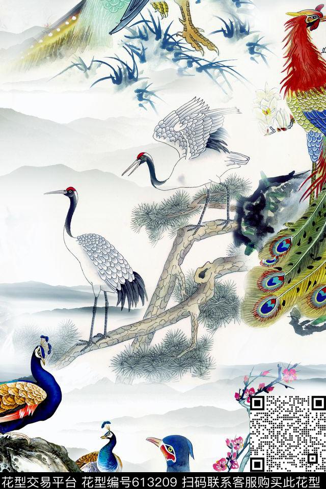 工笔画山水画中国风数码印花华亿平台下载（图片编号: 613209） - 瓦栏（Walan）