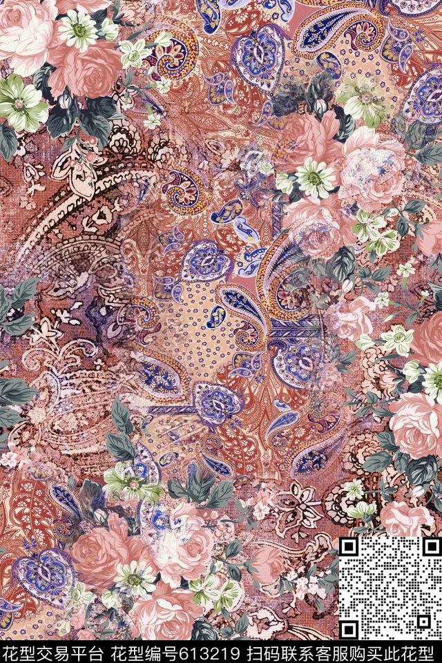 民族花卉玫瑰数码印花华亿平台下载（图片编号: 613219） - 瓦栏（Walan）