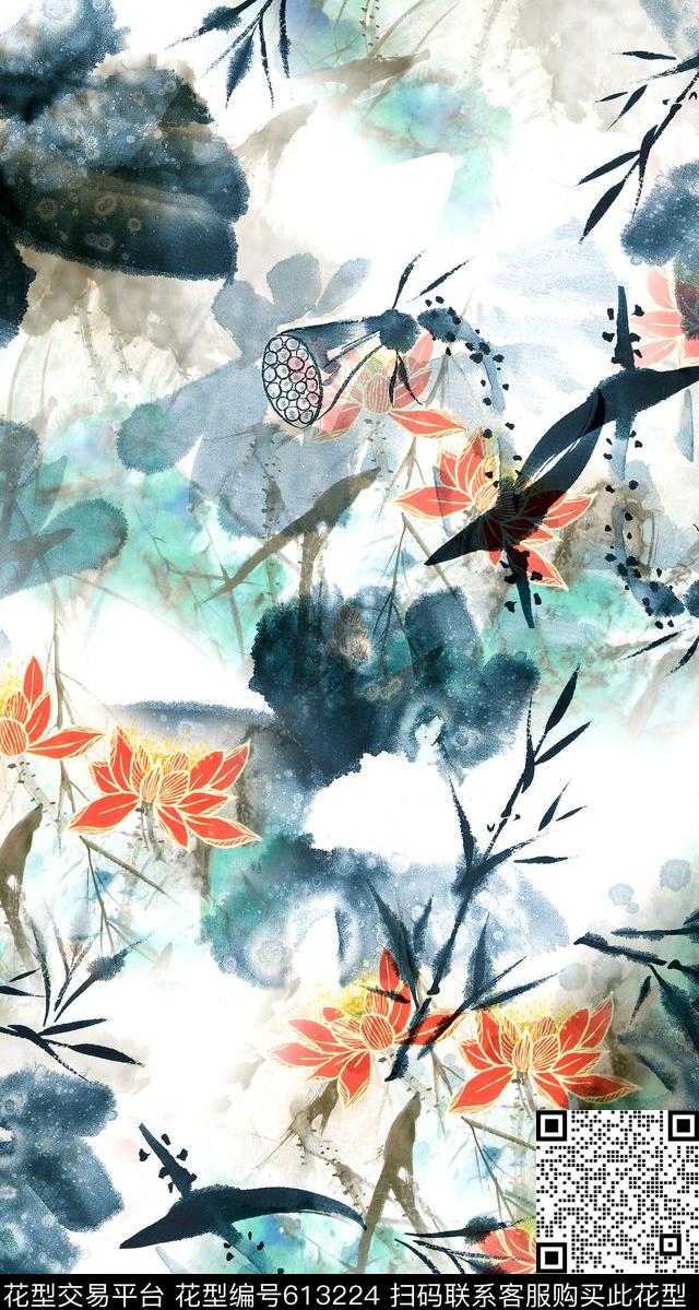 中国风荷花国画水墨数码印花华亿平台下载（图片编号: 613224） - 瓦栏（Walan）