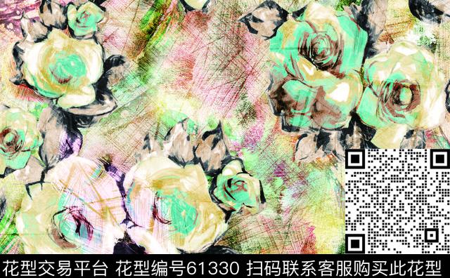 彩铅画斑驳肌理花卉数码印花华亿平台下载（图片编号: 61330） - 瓦栏（Walan）