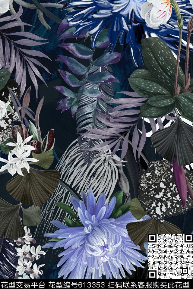 手绘植物绘本深色暗纹热带冷色调数码印花华亿平台下载（图片编号: 613353） - 瓦栏（Walan）