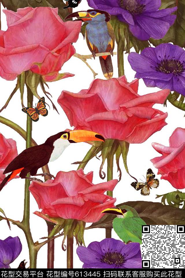 水彩花卉蝴蝶鸟女装印花数码印花华亿平台下载（图片编号: 613445） - 瓦栏（Walan）