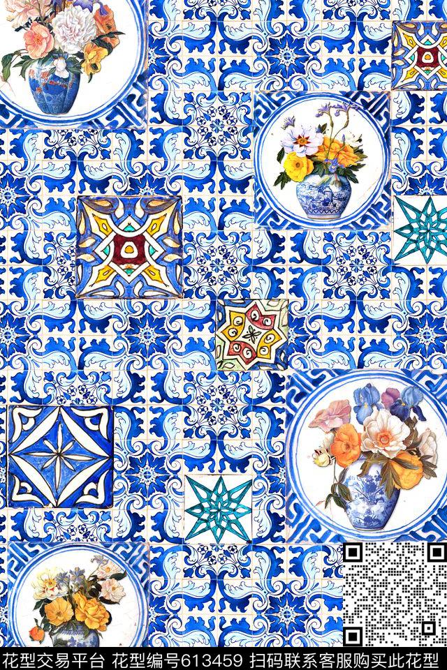 青花瓷几何格子花卉数码印花华亿平台下载（图片编号: 613459） - 瓦栏（Walan）