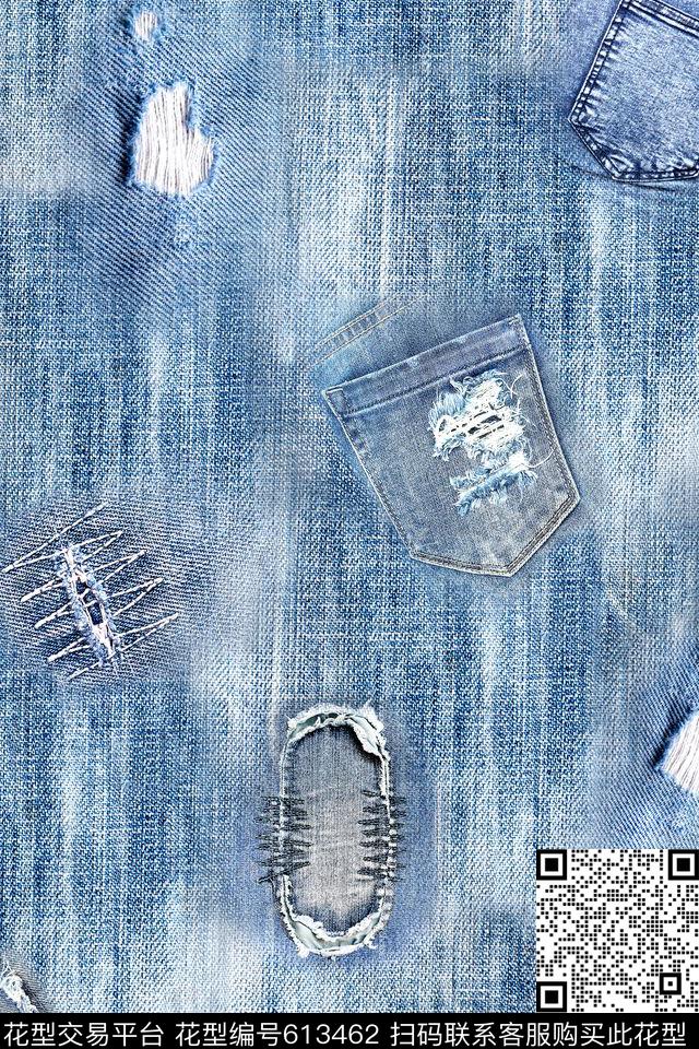 牛仔布破洞口袋数码印花华亿平台下载（图片编号: 613462） - 瓦栏（Walan）