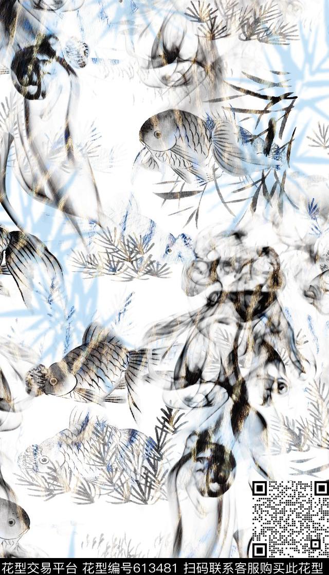 水墨烟雾、国画金鱼、竹子剪影数码印花华亿平台下载（图片编号: 613481） - 瓦栏（Walan）