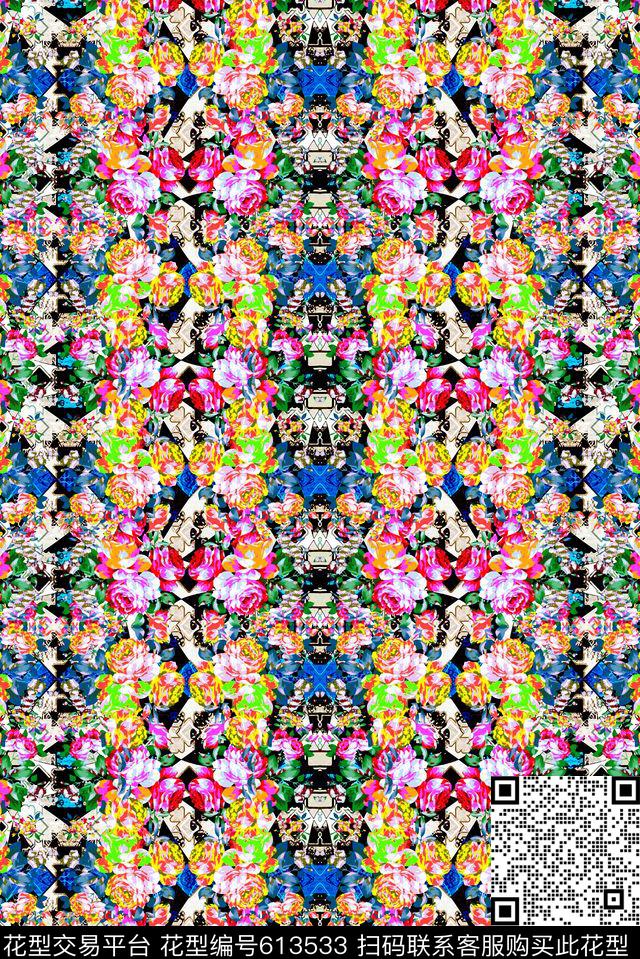 满版色块花卉搭配镜像数码印花华亿平台下载（图片编号: 613533） - 瓦栏（Walan）