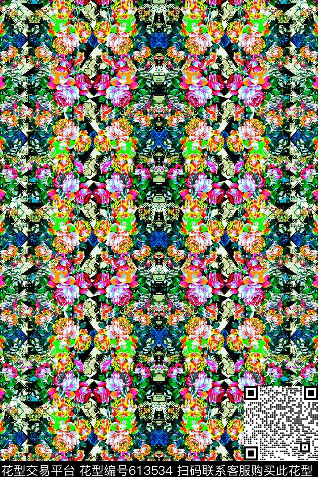 满版色块花卉搭配镜像数码印花华亿平台下载（图片编号: 613534） - 瓦栏（Walan）