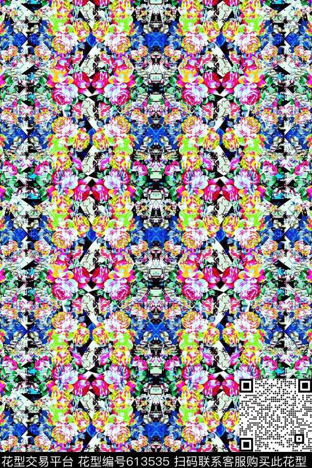 满版色块花卉搭配镜像数码印花华亿平台下载（图片编号: 613535） - 瓦栏（Walan）