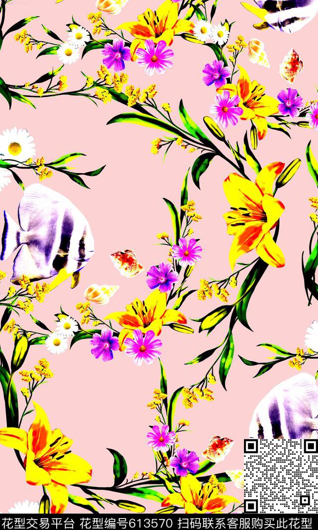 百合花花卉类热带鱼数码印花华亿平台下载（图片编号: 613570） - 瓦栏（Walan）