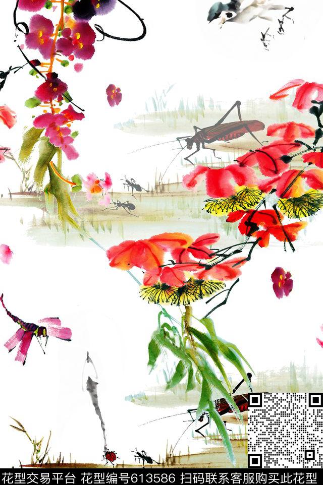 荷花花鸟花卉数码印花华亿平台下载（图片编号: 613586） - 瓦栏（Walan）