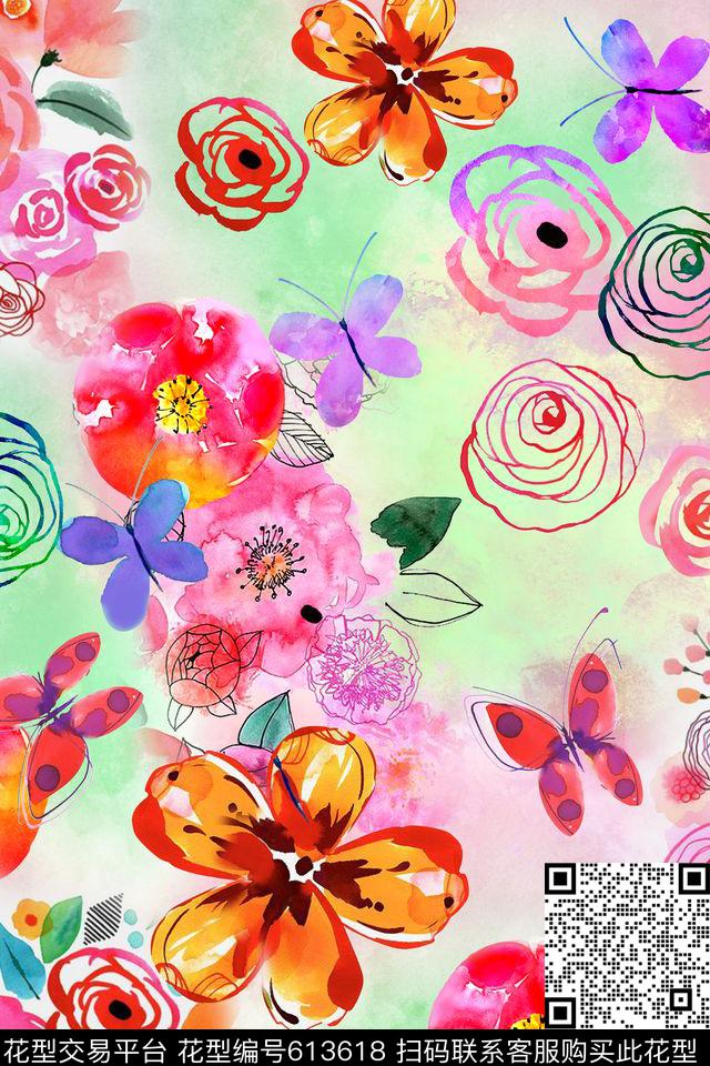 手绘花卉抽象花卉数码印花华亿平台下载（图片编号: 613618） - 瓦栏（Walan）