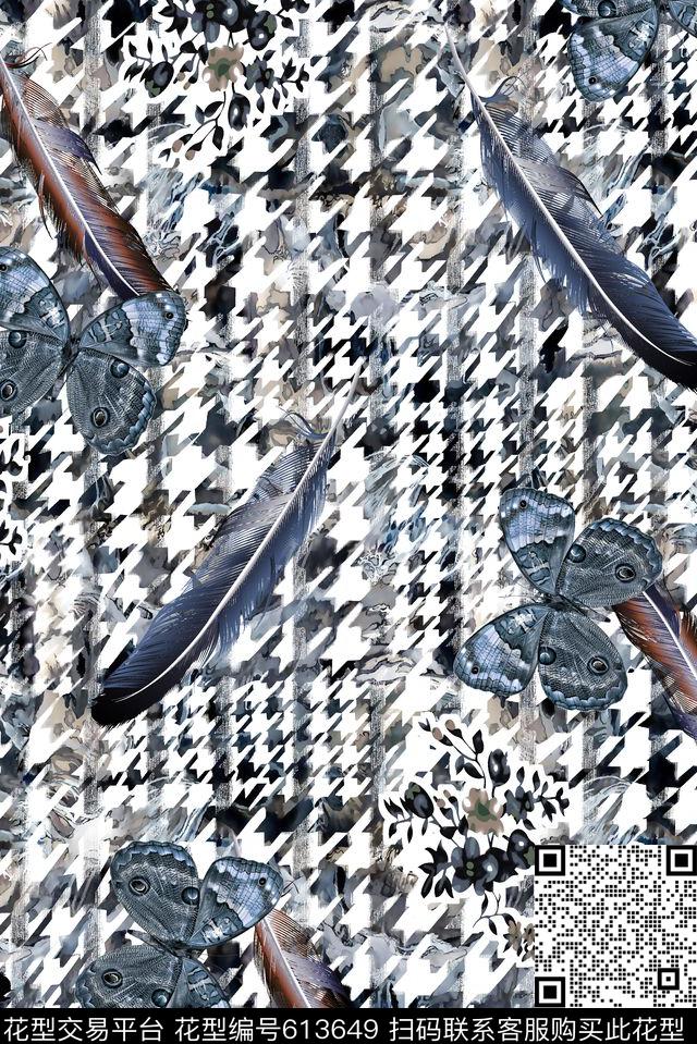 羽毛蝴蝶纹理格子数码印花华亿平台下载（图片编号: 613649） - 瓦栏（Walan）