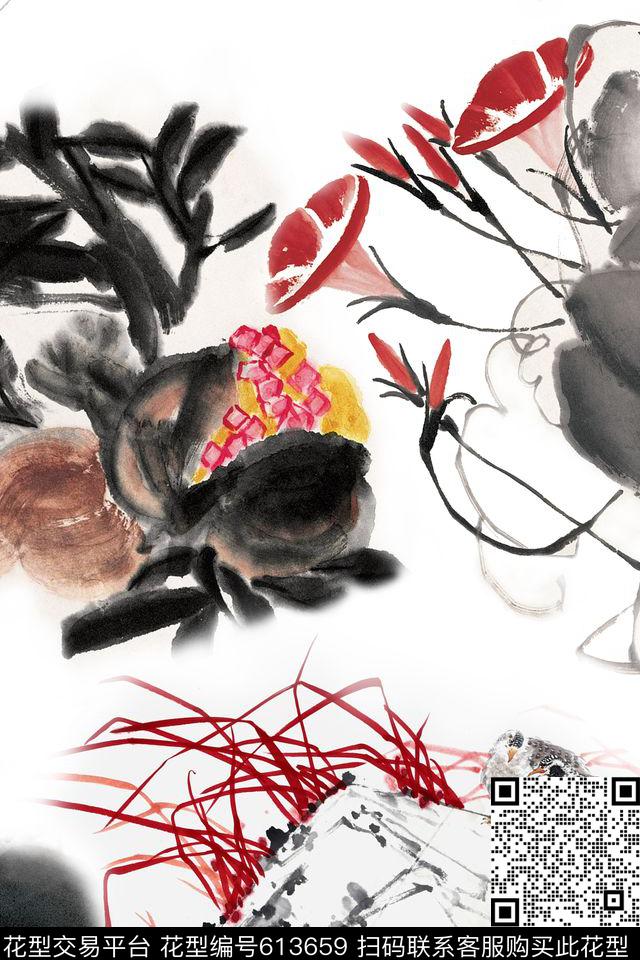 国画水墨花卉写意数码印花华亿平台下载（图片编号: 613659） - 瓦栏（Walan）