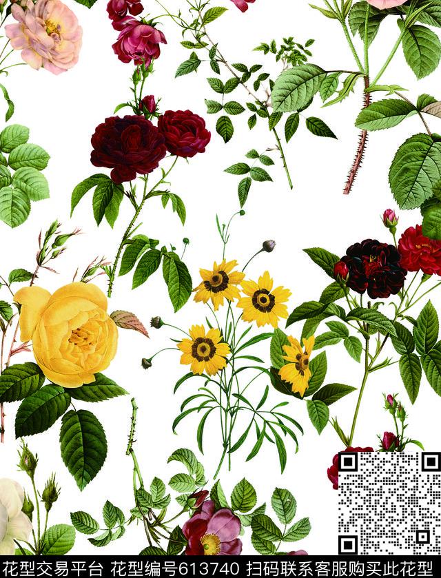 雏菊玫瑰花卉数码印花华亿平台下载（图片编号: 613740） - 瓦栏（Walan）