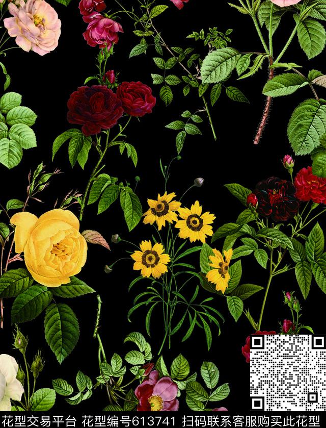 雏菊玫瑰花卉数码印花华亿平台下载（图片编号: 613741） - 瓦栏（Walan）