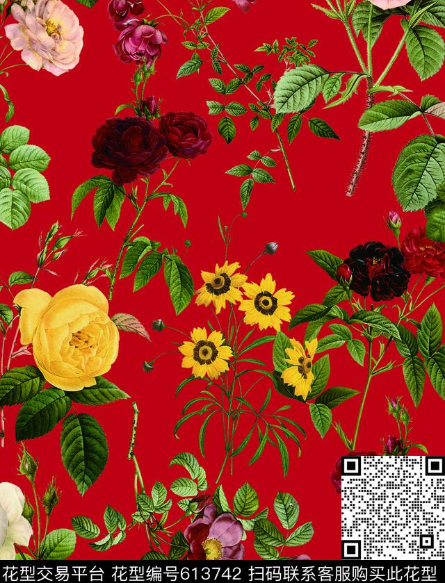 雏菊玫瑰花卉数码印花华亿平台下载（图片编号: 613742） - 瓦栏（Walan）